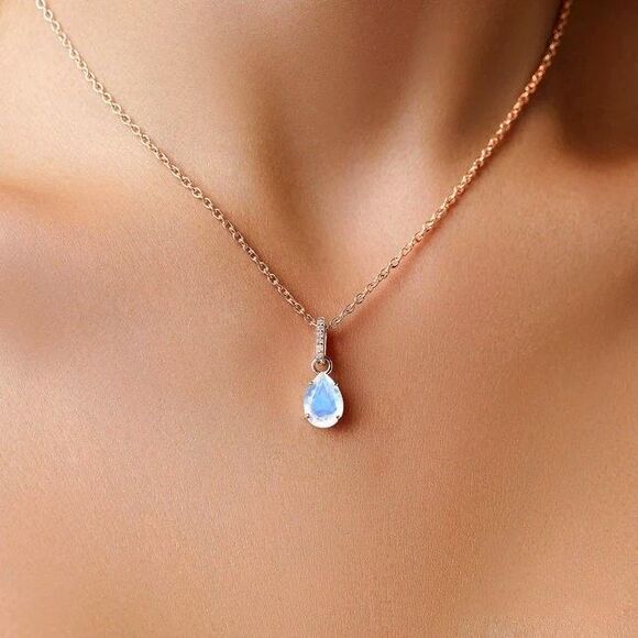 Moonstone Necklace, 925 Sterling Silver Teardrop Necklace, Rose Gold Moonstone - Picture 1 of 9